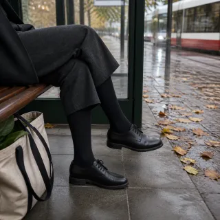 Svarta Bambu Stödstrumpor 30-pack naturlig nordisk höstdag vid hållplatsen med skorna på storlek 38–44